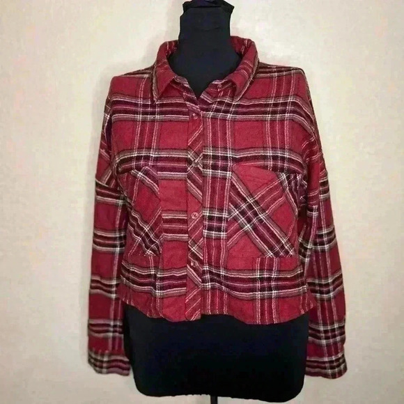 Ci Sono Plaid Collection women’s cute red cropped button down flannel shirt sz L - Picture 1 of 6